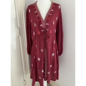 Free People Red Embroidered Boho Long Sleeve V-Neck Flowy Mini Dress Draw String